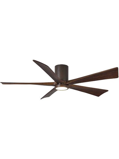 Irene 60 inch 5-Blade Flush-Mount Ceiling Fan with Solid Wood Blades and Light Kit in Textured Bronze.